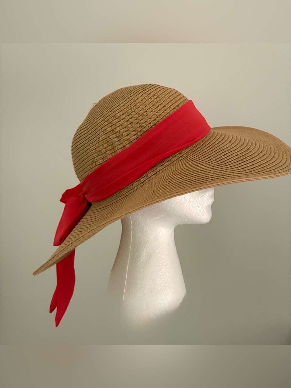 Haute Hippie Wide Brim Straw Sun Hat coral hot pink chiffon Ribbon Bow bohemian - Picture 4 of 6